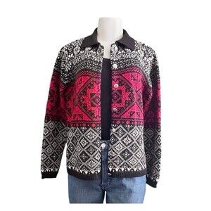 Pendleton 100%Wool Black Red White Button Down Knit Long Sleeve Cardigan Medium